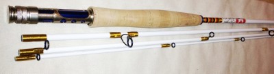 White blank with golden metalic wraps, titanium singlefoot guides with cobalt blue inserts to match the titanium and cobalt blue reel seat.